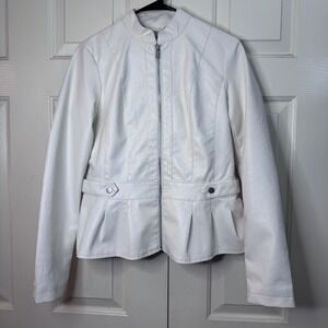 Baccini White Faux Leather Italian Fitted Peplum Moto Style Jacket Womens Size S